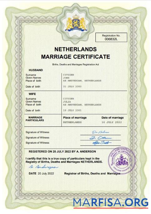 Realistic Netherlands marriage certificate Word and PDF template